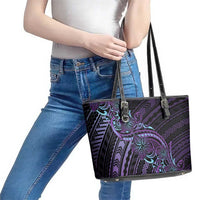 Teal Purple Polynesia Plumeria Tattoo Leather Tote Bag