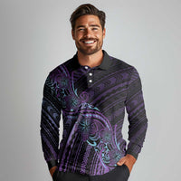 Teal Purple Polynesia Plumeria Tattoo Long Sleeve Polo Shirt