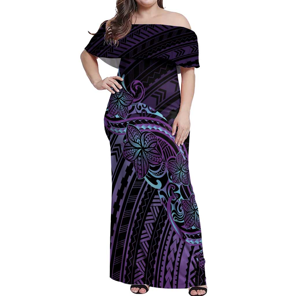 Teal Purple Polynesia Plumeria Tattoo Off Shoulder Maxi Dress