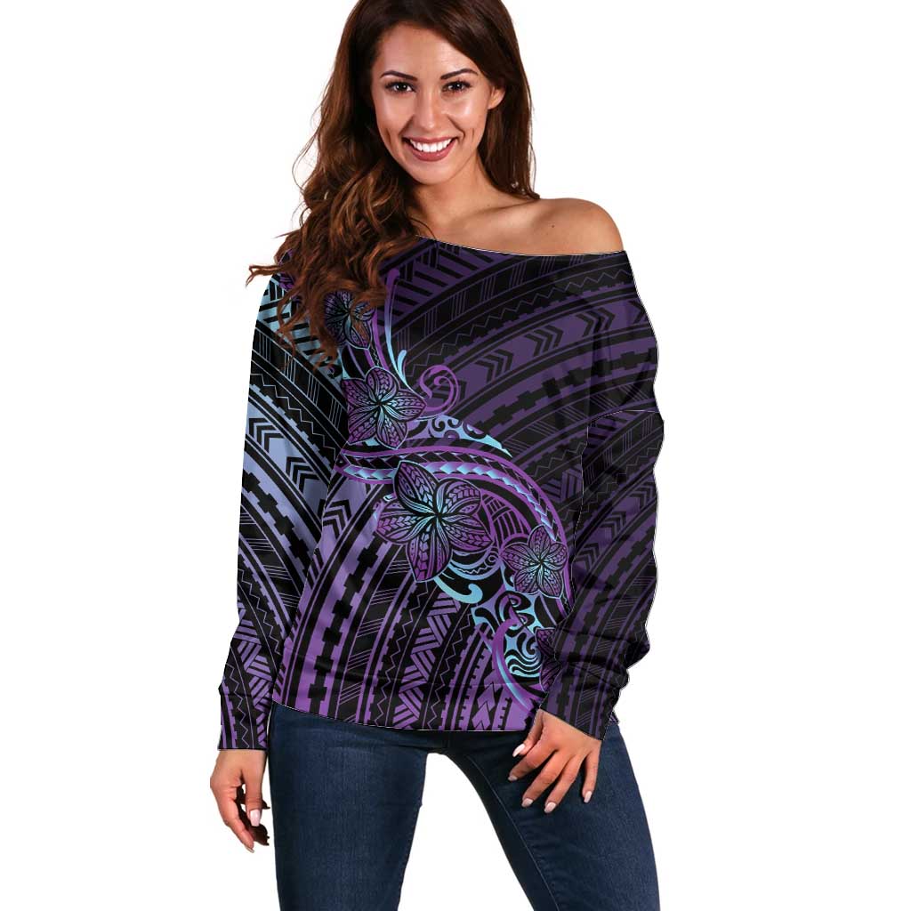 Teal Purple Polynesia Plumeria Tattoo Off Shoulder Sweater
