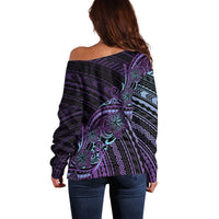 Teal Purple Polynesia Plumeria Tattoo Off Shoulder Sweater