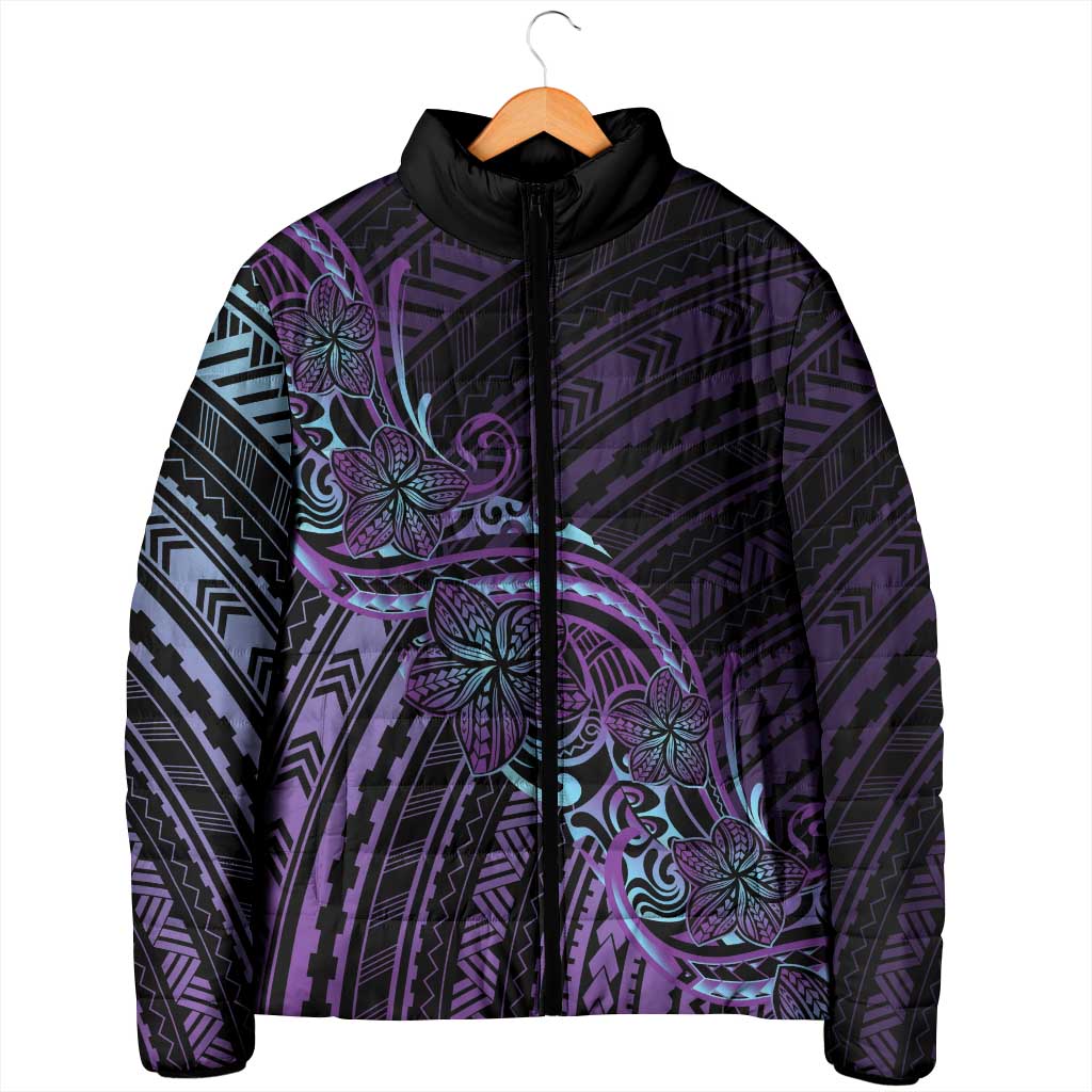 Teal Purple Polynesia Plumeria Tattoo Padded Jacket