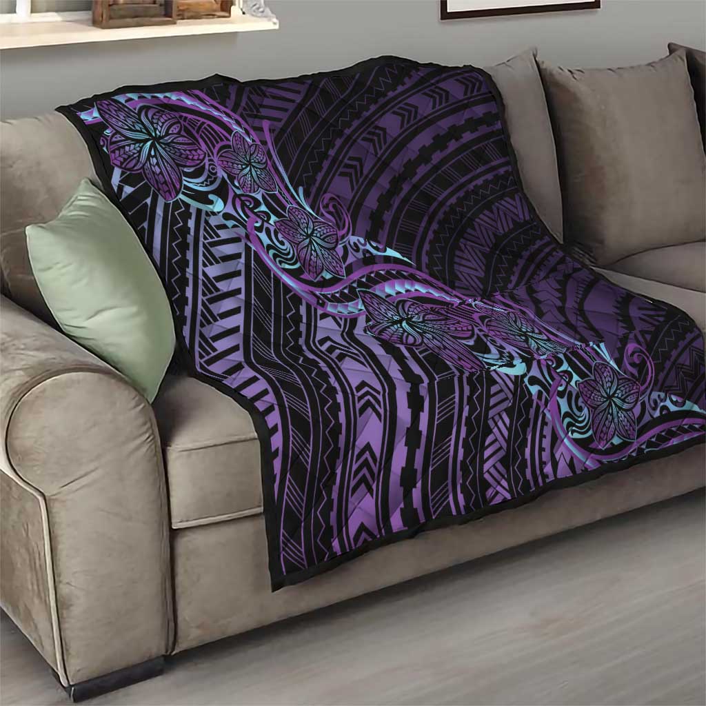 Teal Purple Polynesia Plumeria Tattoo Quilt