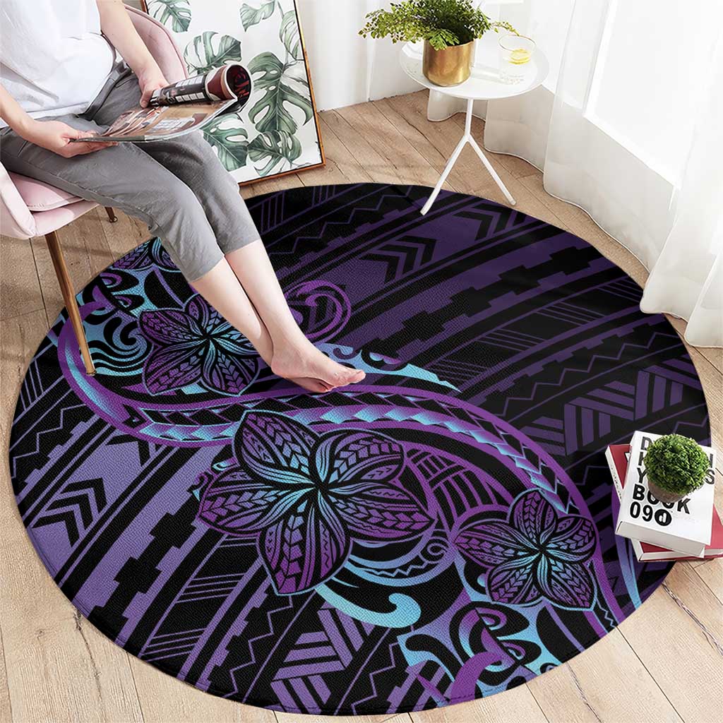 Teal Purple Polynesia Plumeria Tattoo Round Carpet