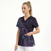 Teal Purple Polynesia Plumeria Tattoo Scrub Top