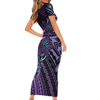 Teal Purple Polynesia Plumeria Tattoo Short Sleeve Bodycon Dress