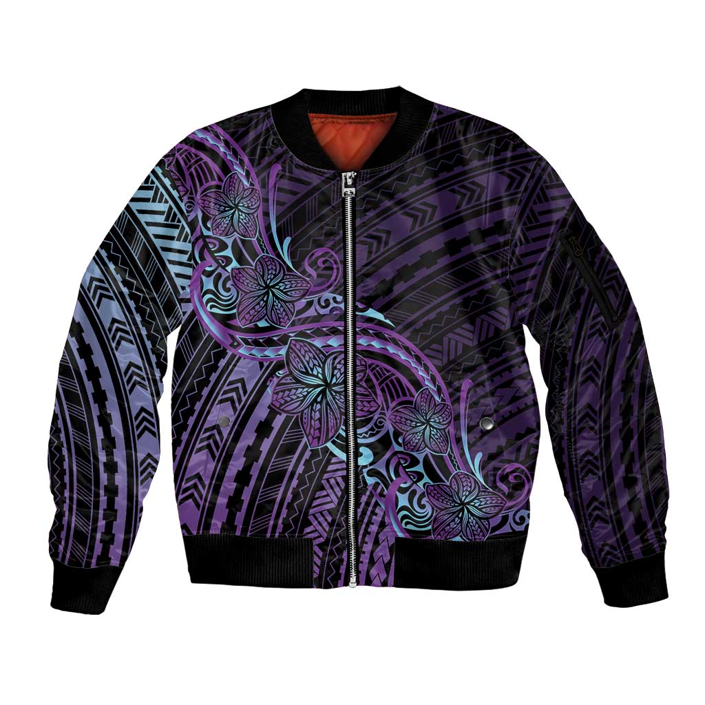 Teal Purple Polynesia Plumeria Tattoo Sleeve Zip Bomber Jacket