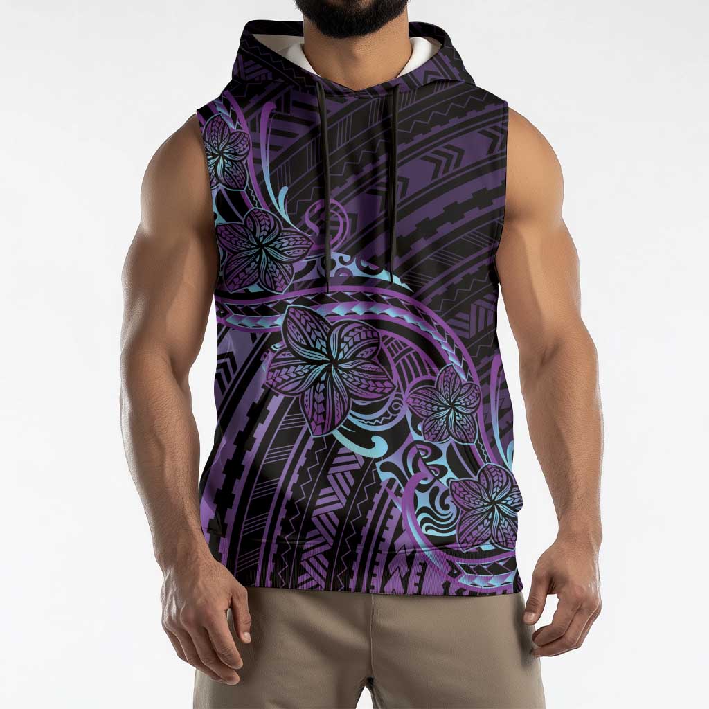 Teal Purple Polynesia Plumeria Tattoo Sleeveless Hoodie
