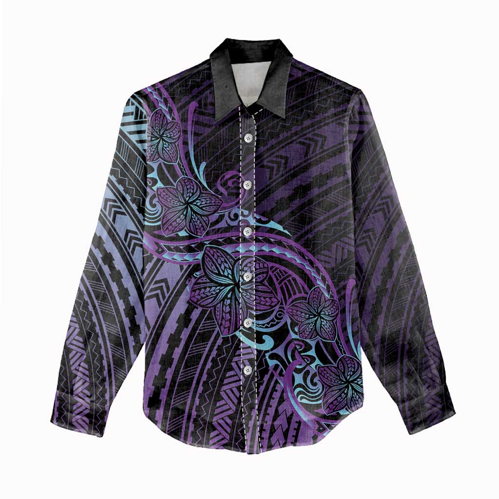 Teal Purple Polynesia Plumeria Tattoo Women Casual Shirt