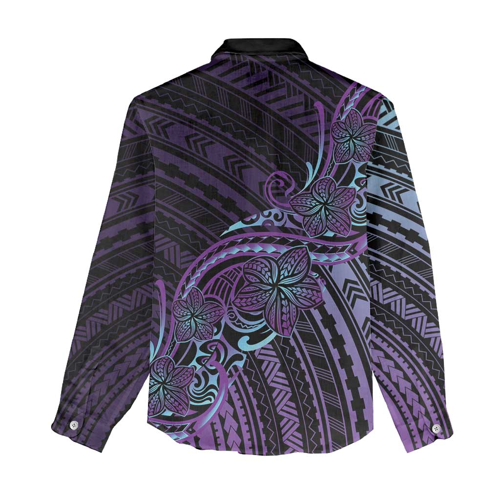 Teal Purple Polynesia Plumeria Tattoo Women Casual Shirt