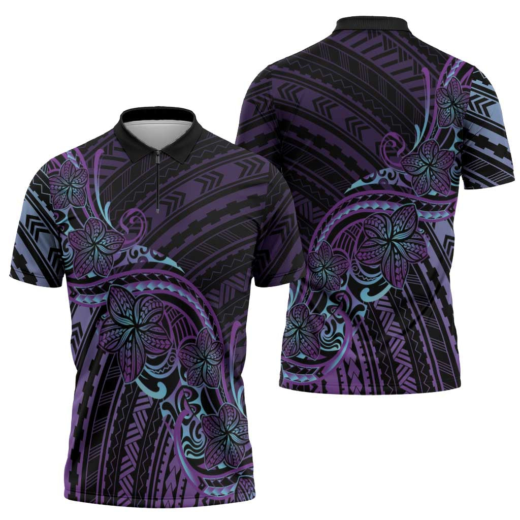 Teal Purple Polynesia Plumeria Tattoo Zipper Polo Shirt