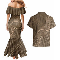 Brown Polynesia Plumeria Tattoo Couples Matching Mermaid Dress and Hawaiian Shirt