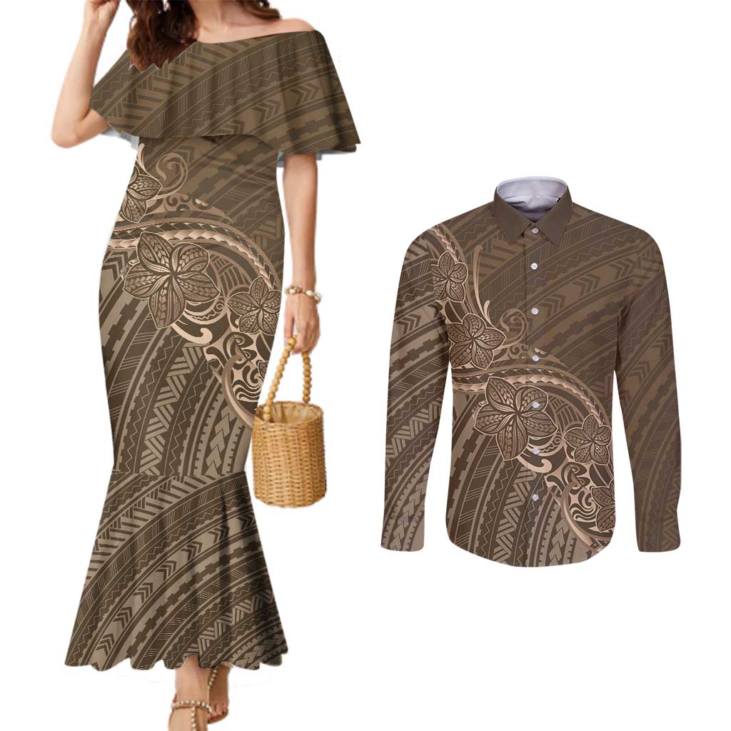 Brown Polynesia Plumeria Tattoo Couples Matching Mermaid Dress and Long Sleeve Button Shirt