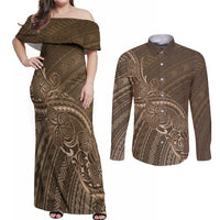 Brown Polynesia Plumeria Tattoo Couples Matching Off Shoulder Maxi Dress and Long Sleeve Button Shirt