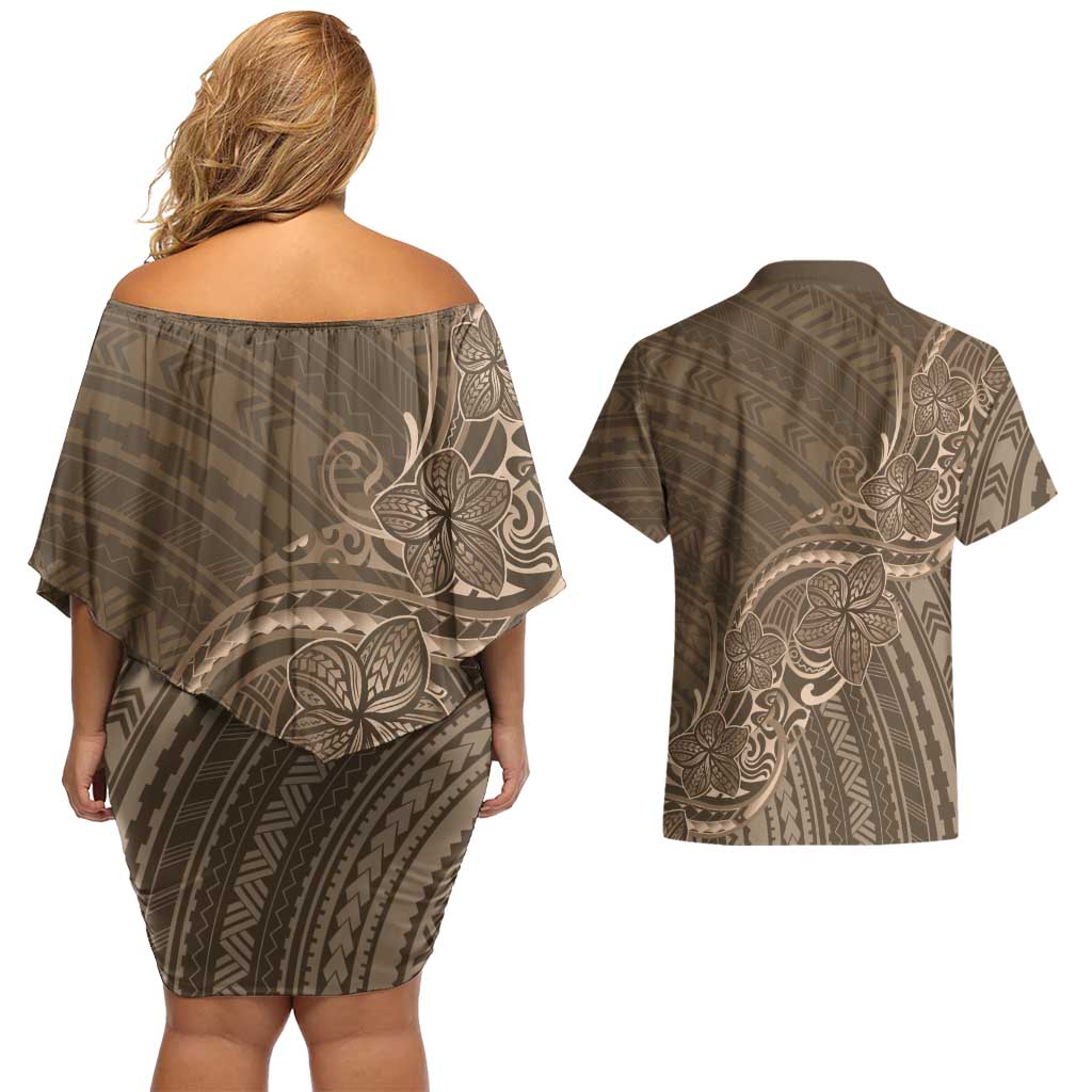 Brown Polynesia Plumeria Tattoo Couples Matching Off Shoulder Short Dress and Hawaiian Shirt