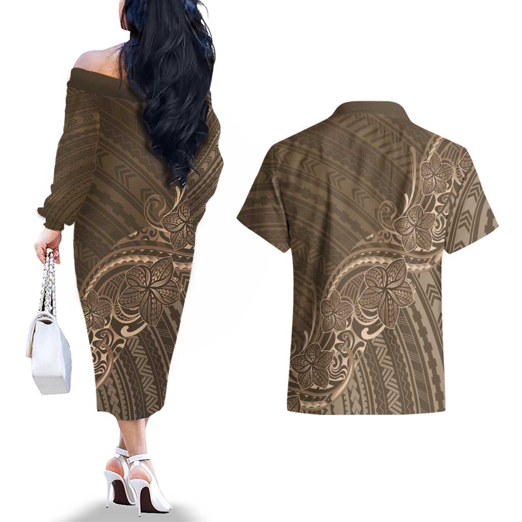 Brown Polynesia Plumeria Tattoo Couples Matching Off The Shoulder Long Sleeve Dress and Hawaiian Shirt