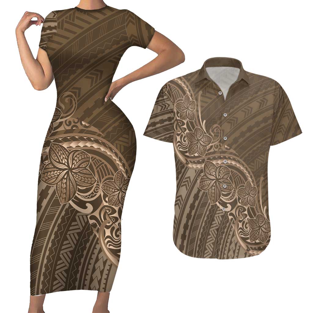 Brown Polynesia Plumeria Tattoo Couples Matching Short Sleeve Bodycon Dress and Hawaiian Shirt