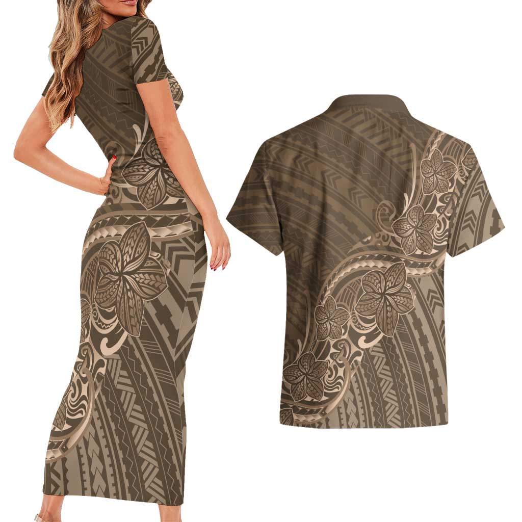 Brown Polynesia Plumeria Tattoo Couples Matching Short Sleeve Bodycon Dress and Hawaiian Shirt