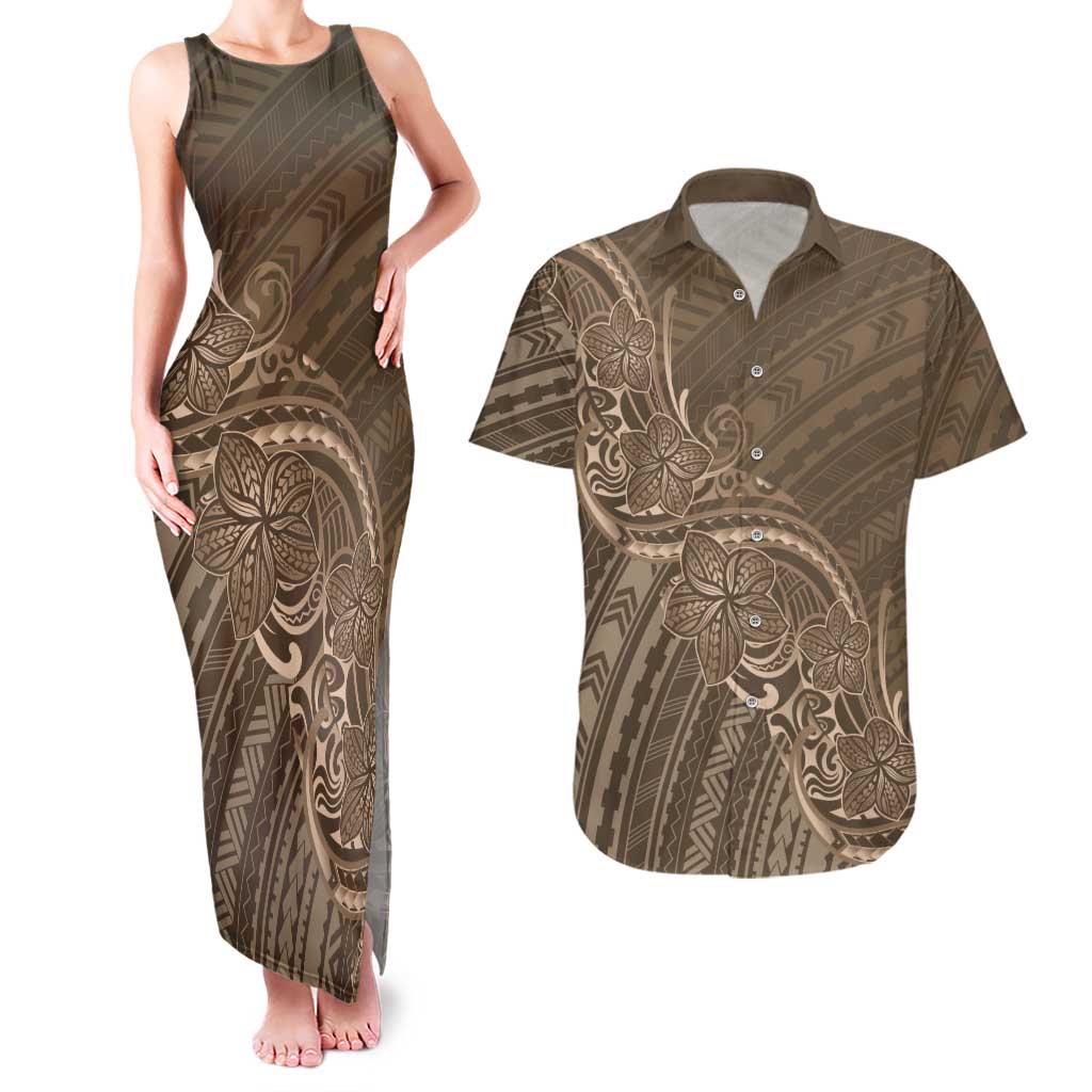 Brown Polynesia Plumeria Tattoo Couples Matching Tank Maxi Dress and Hawaiian Shirt