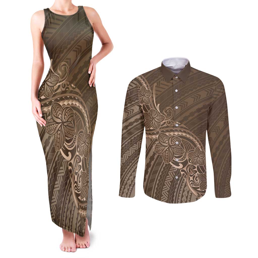 Brown Polynesia Plumeria Tattoo Couples Matching Tank Maxi Dress and Long Sleeve Button Shirt