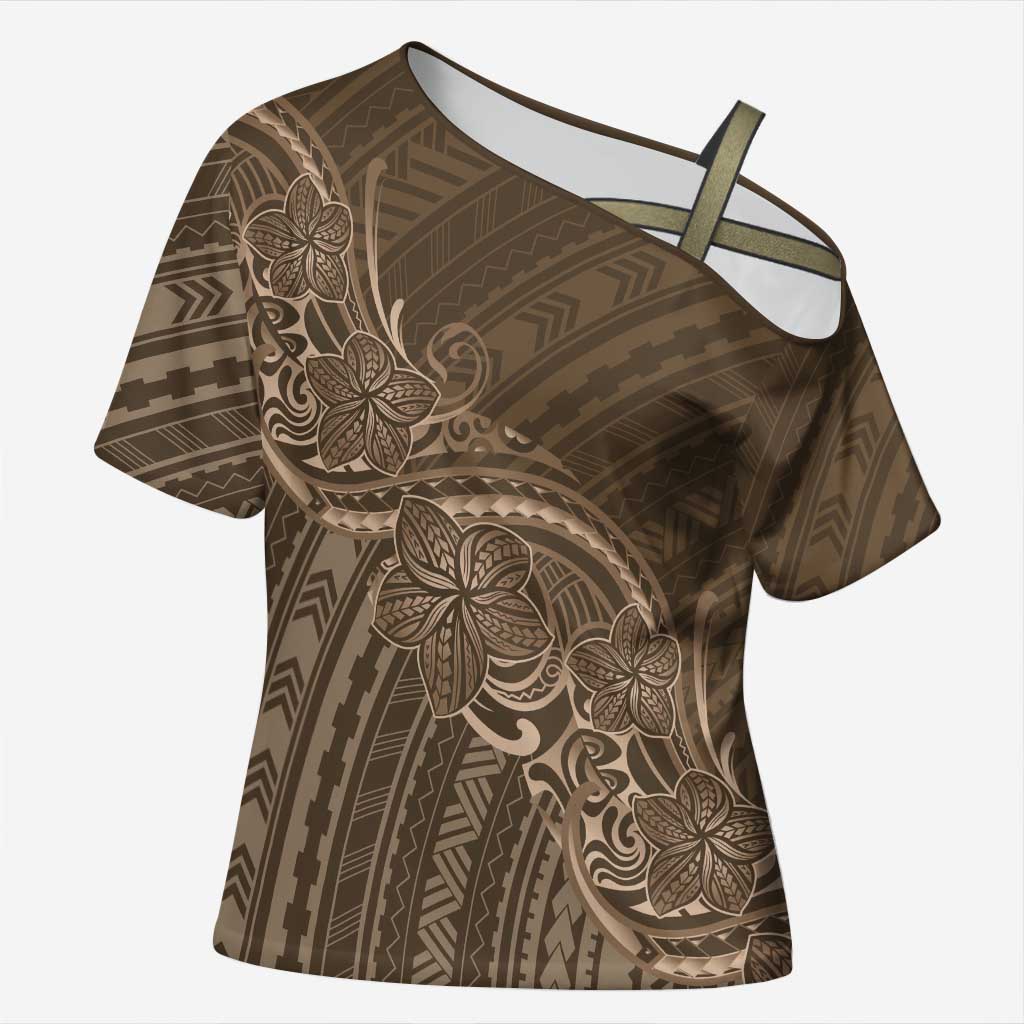 Brown Polynesia Plumeria Tattoo Cross Shoulder Shirt