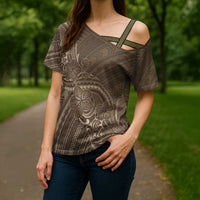 Brown Polynesia Plumeria Tattoo Cross Shoulder Shirt