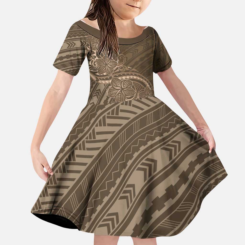 Brown Polynesia Plumeria Tattoo Family Matching Long Sleeve Bodycon Dress and Hawaiian Shirt LT14 Daughter's Dress Brown - Polynesian Pride