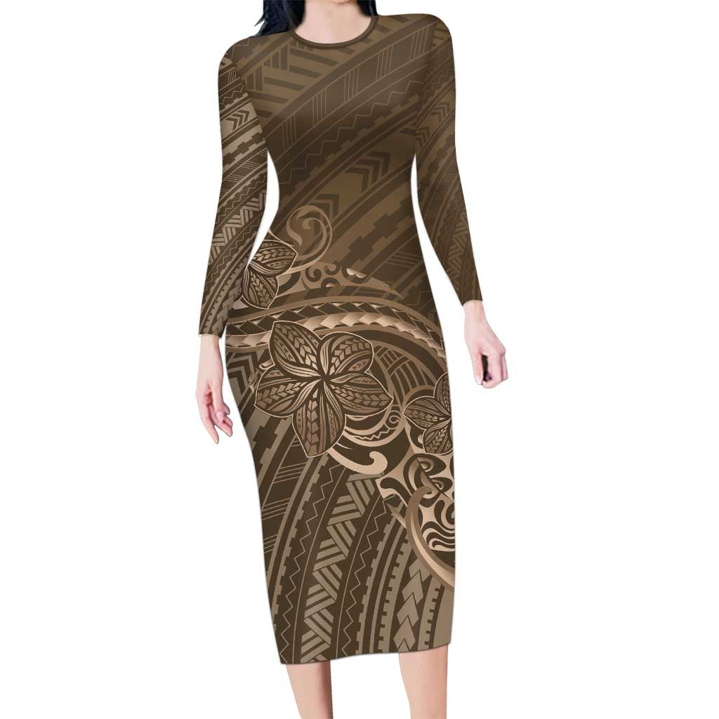 Brown Polynesia Plumeria Tattoo Family Matching Long Sleeve Bodycon Dress and Hawaiian Shirt LT14 Mom's Dress Brown - Polynesian Pride