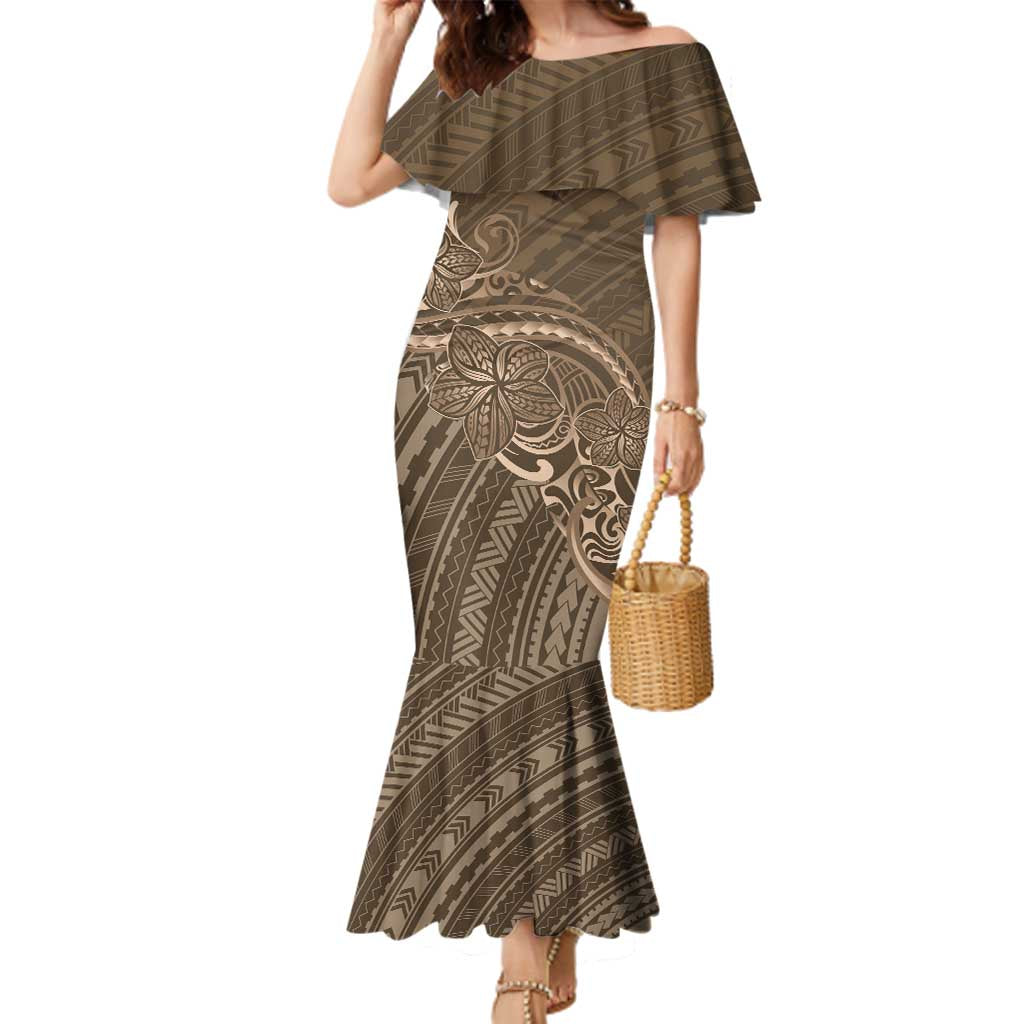 Brown Polynesia Plumeria Tattoo Family Matching Mermaid Dress and Hawaiian Shirt
