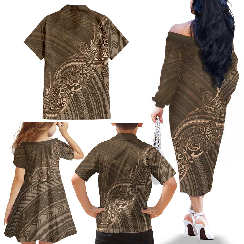 Brown Polynesia Plumeria Tattoo Family Matching Off The Shoulder Long Sleeve Dress and Hawaiian Shirt LT14 - Polynesian Pride