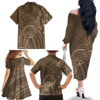 Brown Polynesia Plumeria Tattoo Family Matching Off The Shoulder Long Sleeve Dress and Hawaiian Shirt LT14 - Polynesian Pride