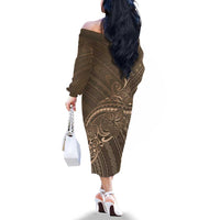 Brown Polynesia Plumeria Tattoo Family Matching Off The Shoulder Long Sleeve Dress and Hawaiian Shirt LT14 - Polynesian Pride