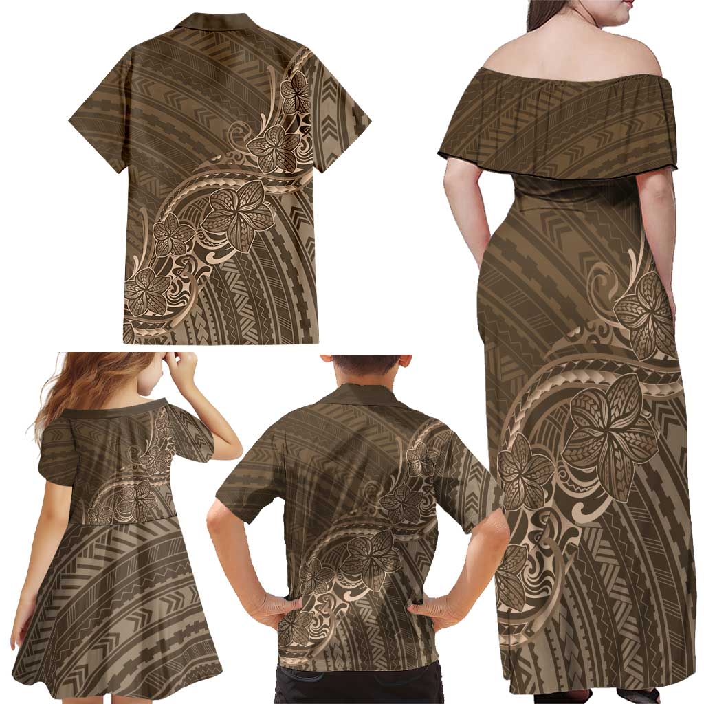 Brown Polynesia Plumeria Tattoo Family Matching Off Shoulder Maxi Dress and Hawaiian Shirt