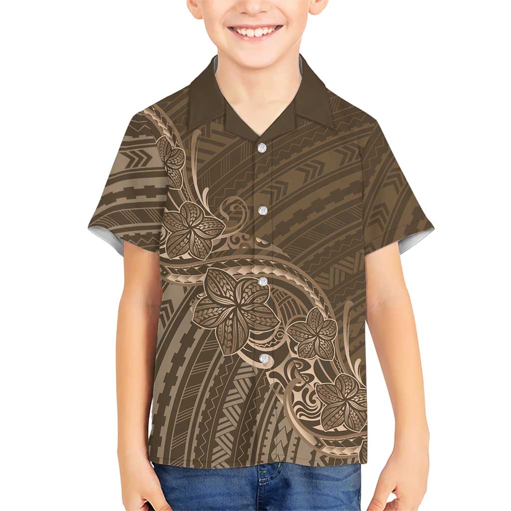 Brown Polynesia Plumeria Tattoo Family Matching Off Shoulder Maxi Dress and Hawaiian Shirt