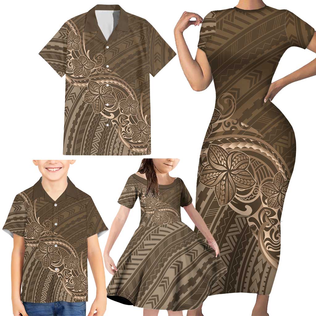 Brown Polynesia Plumeria Tattoo Family Matching Short Sleeve Bodycon Dress and Hawaiian Shirt LT14 - Polynesian Pride