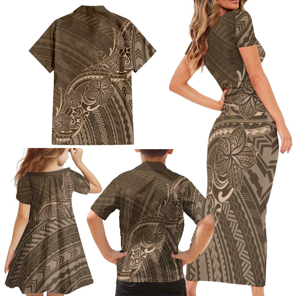 Brown Polynesia Plumeria Tattoo Family Matching Short Sleeve Bodycon Dress and Hawaiian Shirt LT14 - Polynesian Pride