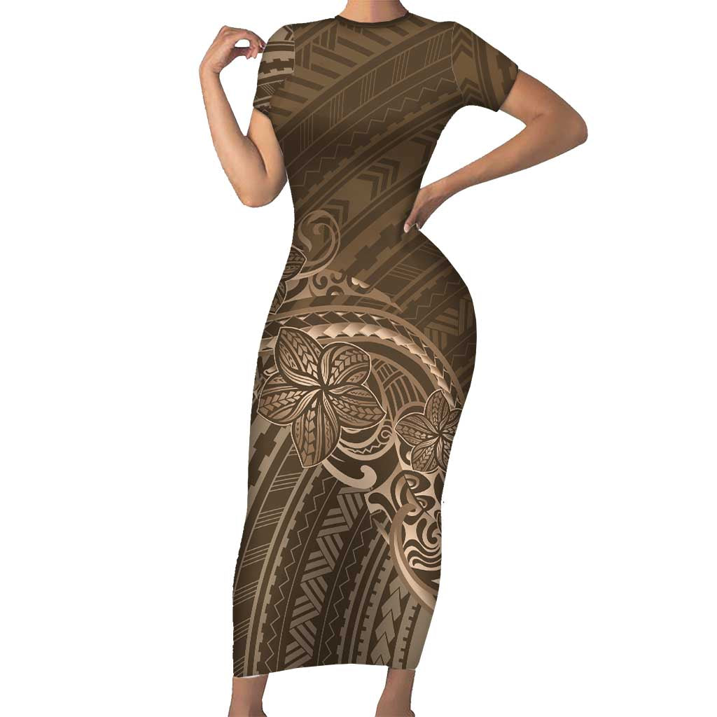 Brown Polynesia Plumeria Tattoo Family Matching Short Sleeve Bodycon Dress and Hawaiian Shirt LT14 Mom's Dress Brown - Polynesian Pride