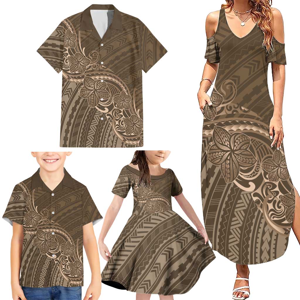 Brown Polynesia Plumeria Tattoo Family Matching Summer Maxi Dress and Hawaiian Shirt