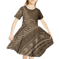 Brown Polynesia Plumeria Tattoo Kid Short Sleeve Dress