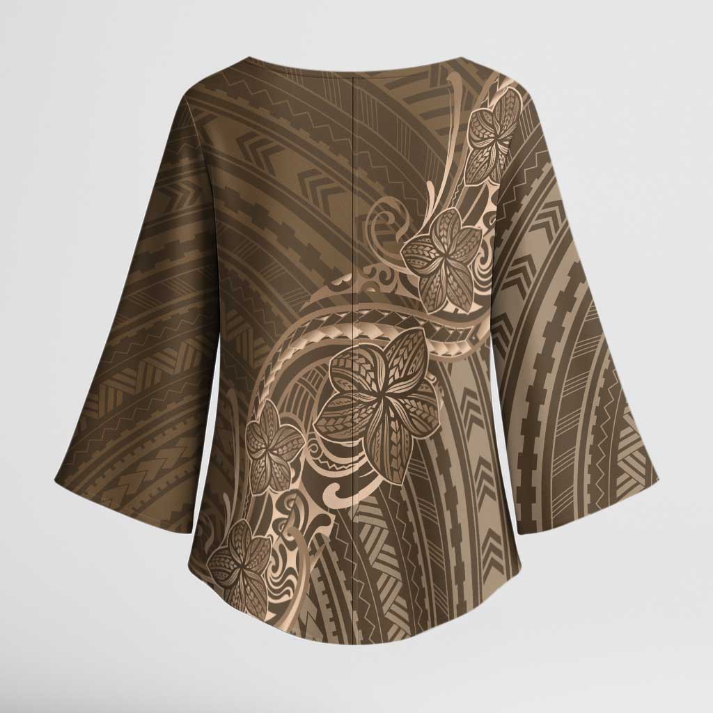 Brown Polynesia Plumeria Tattoo Kimono Sleeve Blouse