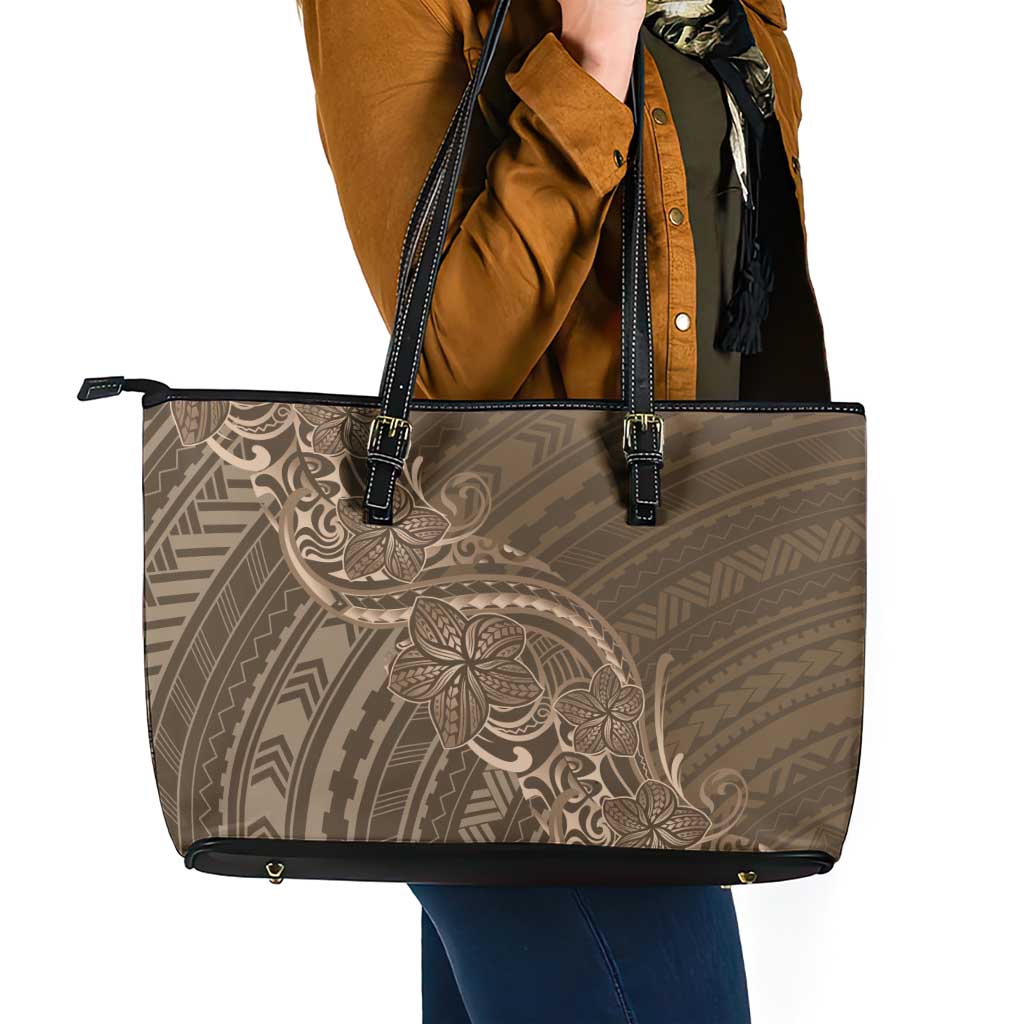Brown Polynesia Plumeria Tattoo Leather Tote Bag