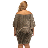 Brown Polynesia Plumeria Tattoo Off Shoulder Short Dress