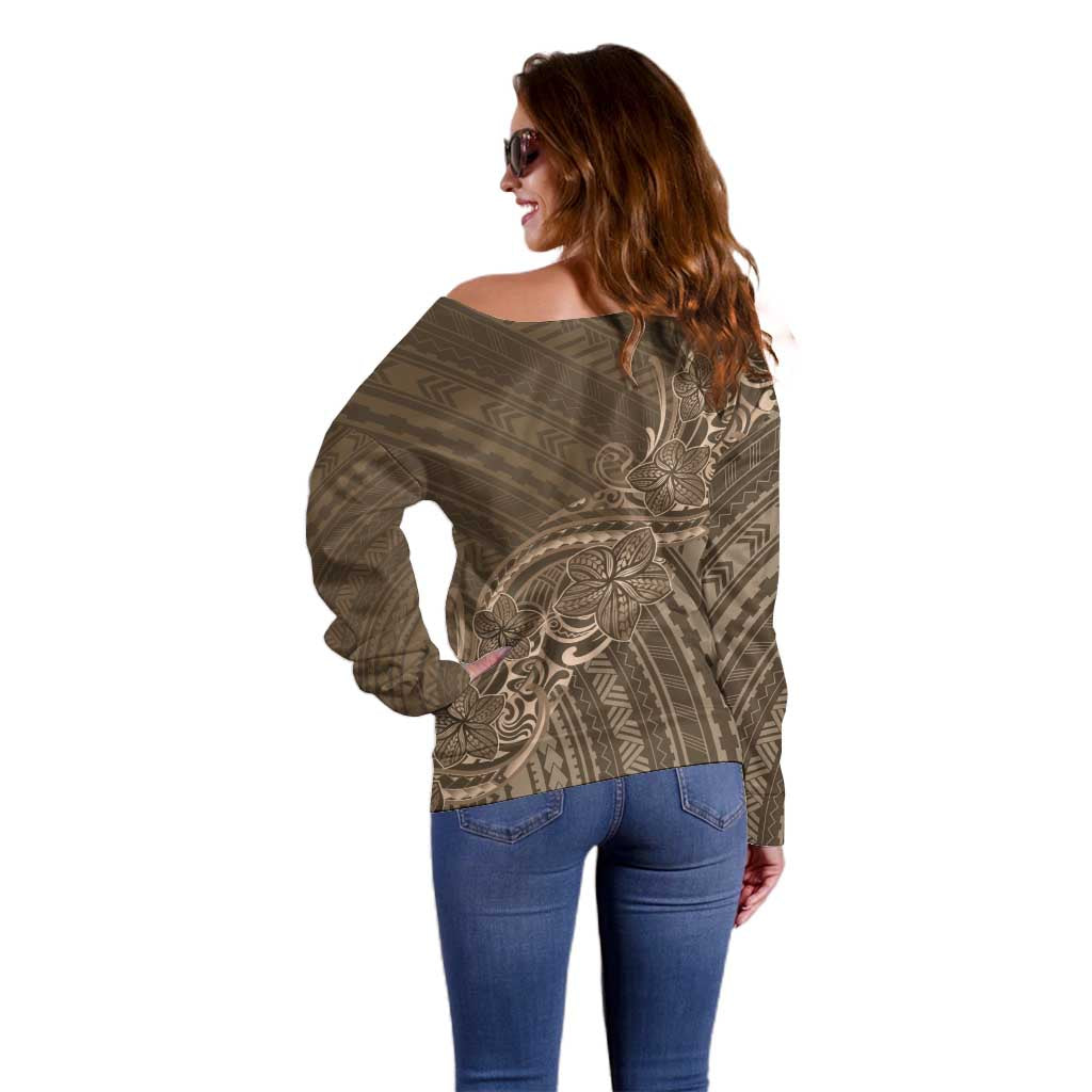 Brown Polynesia Plumeria Tattoo Off Shoulder Sweater