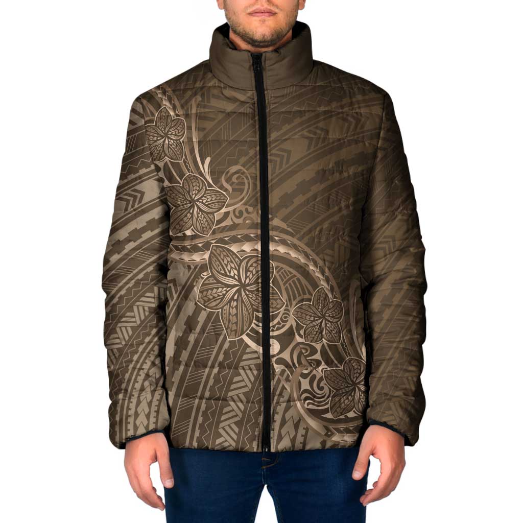 Brown Polynesia Plumeria Tattoo Padded Jacket