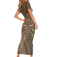 Brown Polynesia Plumeria Tattoo Short Sleeve Bodycon Dress LT14 - Polynesian Pride