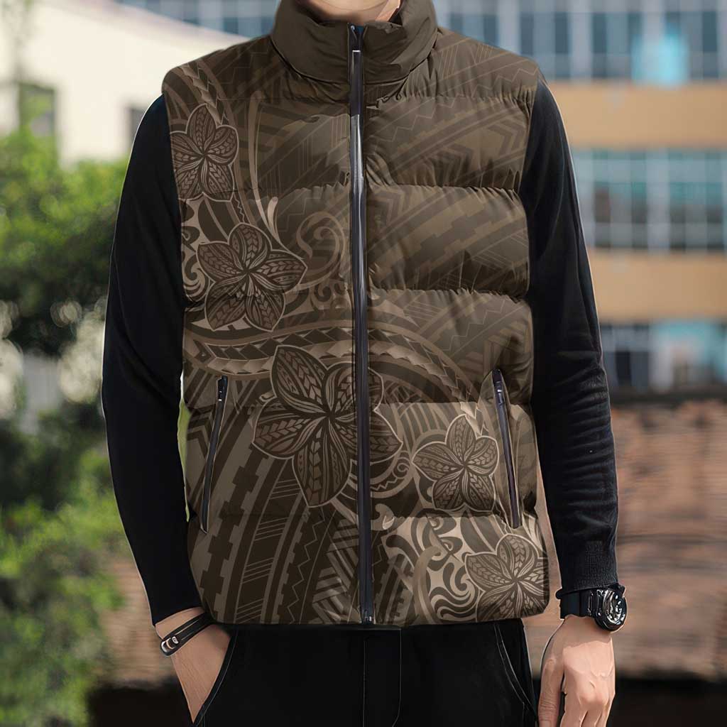 Brown Polynesia Plumeria Tattoo Sleeveless Puffer Jacket