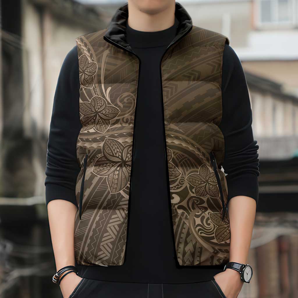 Brown Polynesia Plumeria Tattoo Sleeveless Puffer Jacket