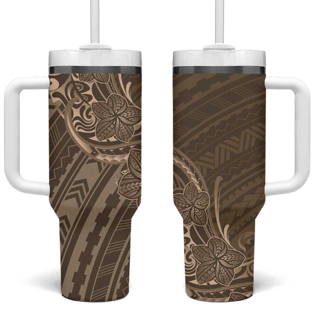 Brown Polynesia Plumeria Tattoo Tumbler With Handle