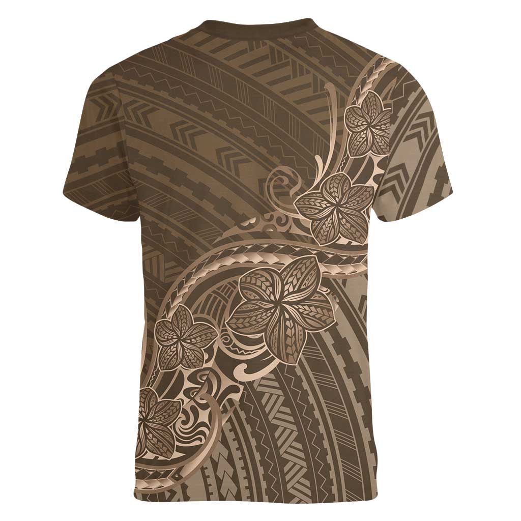 Brown Polynesia Plumeria Tattoo Women V-Neck T-Shirt