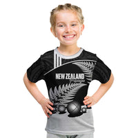 Custom New Zealand Silver Fern Petanque Kid T Shirt Aotearoa Maori Pattern